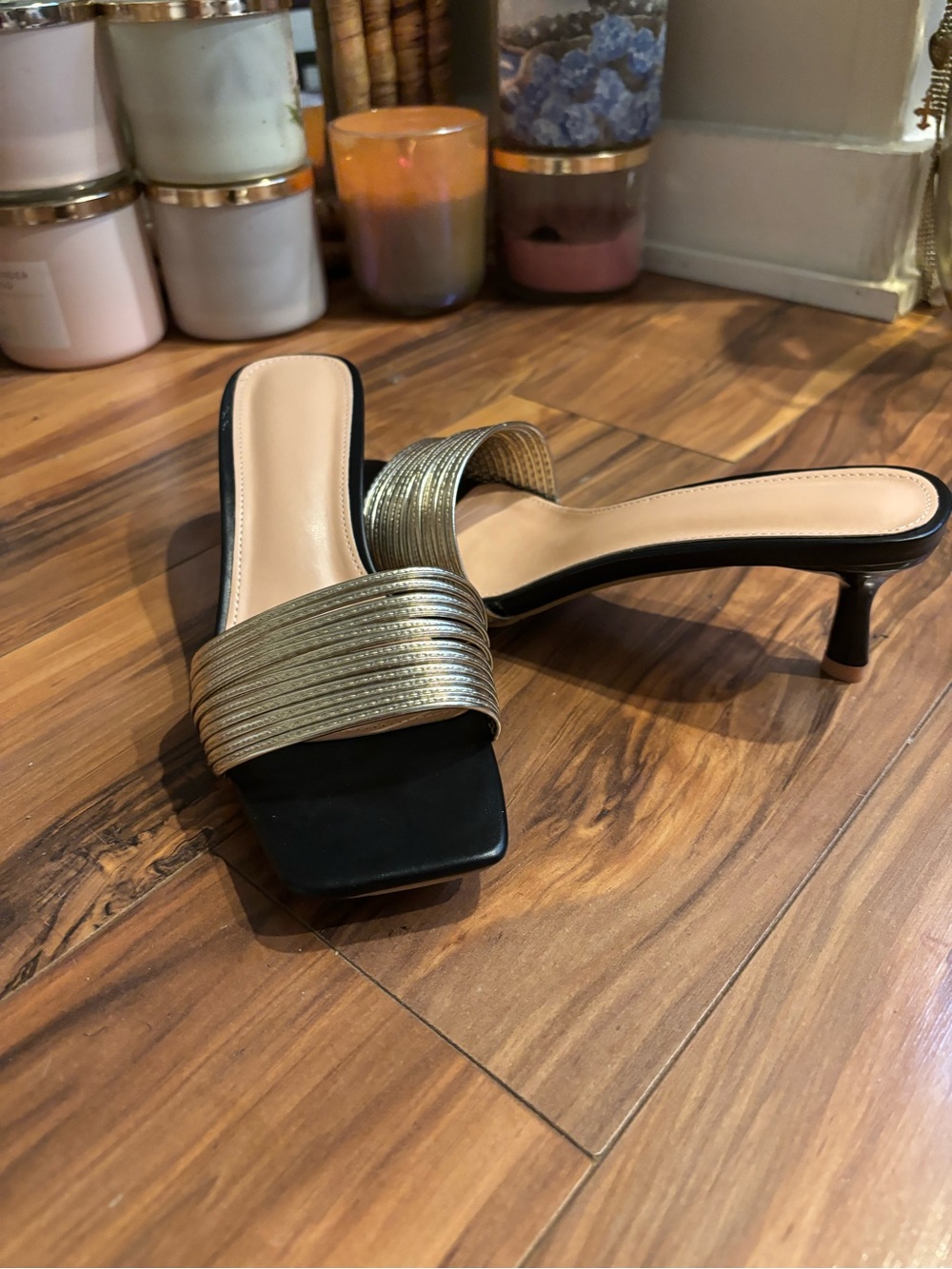 Gold Strap Black Slide Kitten Heel Sandals - Women